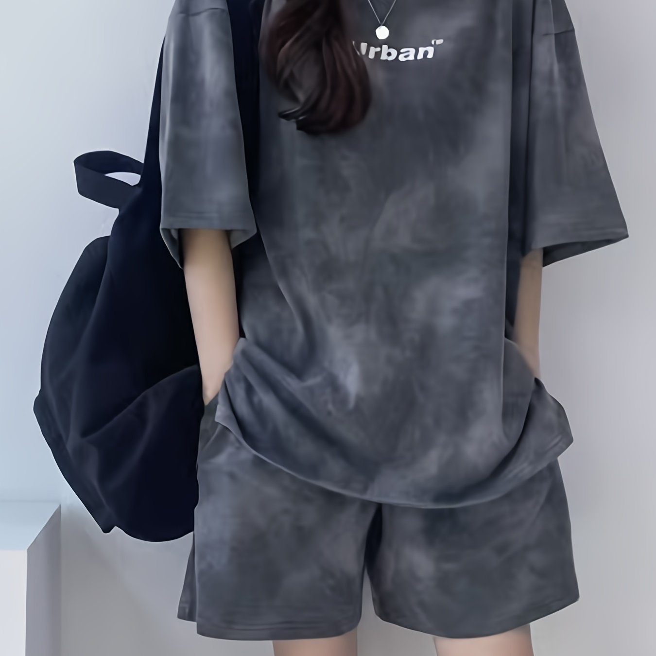 Women's Fashionable Tie-Dye Letter Print Comfortable Casual Loose Short Sleeve Top & Side Pocket Shorts Set - Summer Sporty Outfit in Gray, Polyester/Spandex Blend