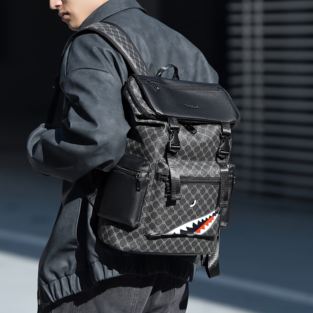 Men'S Stylish Black Backpack with Shark Graphic - Lightweight, Large Capacity, Multi-Functional Shoulder Bag for Travel, Commuting, School - Durable PVC Material, Sports & Fitness Design, Backpack for Travel