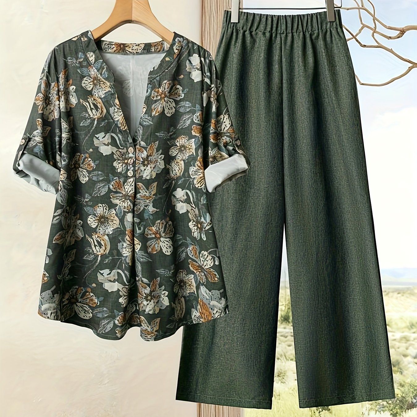 Elegant Floral Print Blouse & High-Waisted Pants Set - Chic Green & White Floral Top with Ruffled Sleeves, Button-Front Design, and Wide-Leg Pants for Spring/Summer, Spring Summer Outfit | Floral Print Blouse | Buttonfront Bl