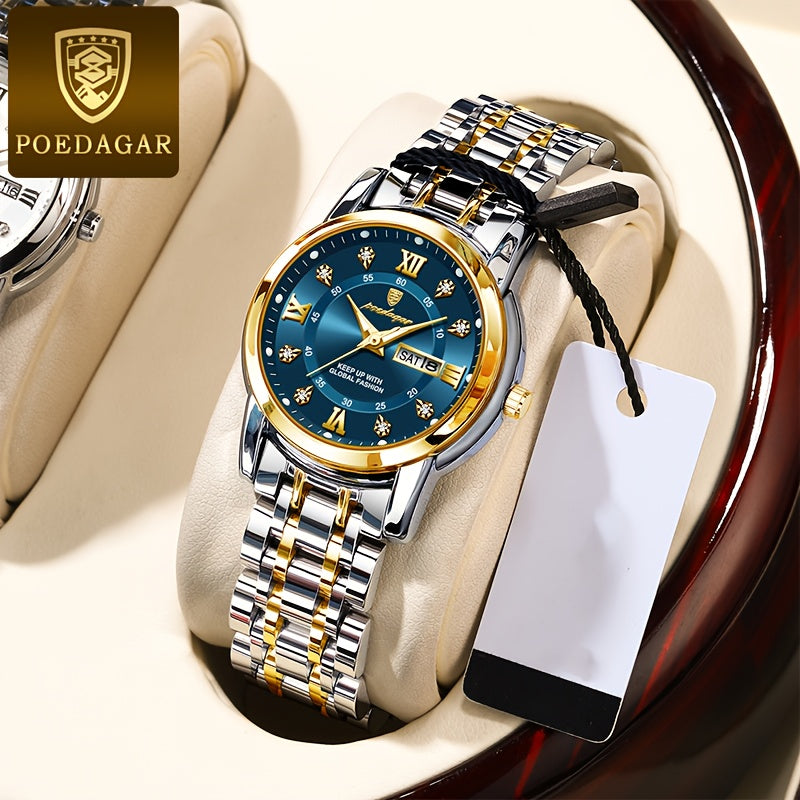 POEDAGAR Elegant Stainless Steel Quartz Watch for Women, Luminous Calendar, Round Alloy Case, Trendy Korean Style, Non-Rechargeable Battery, Watch Accessories