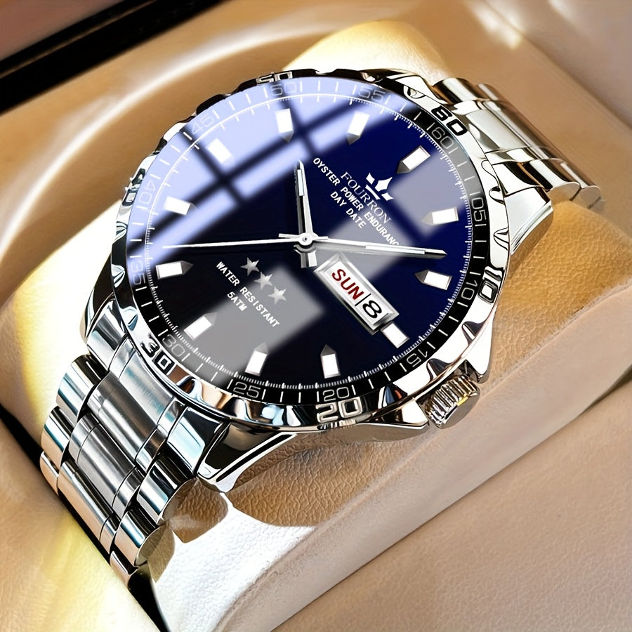 FOURRON Stainless Steel Quartz Watch with Black Dial, Date Display, Waterproof, Lightweight, Casual Style, Everyday Watch | Minimalist Watch | Stainless Steel Band