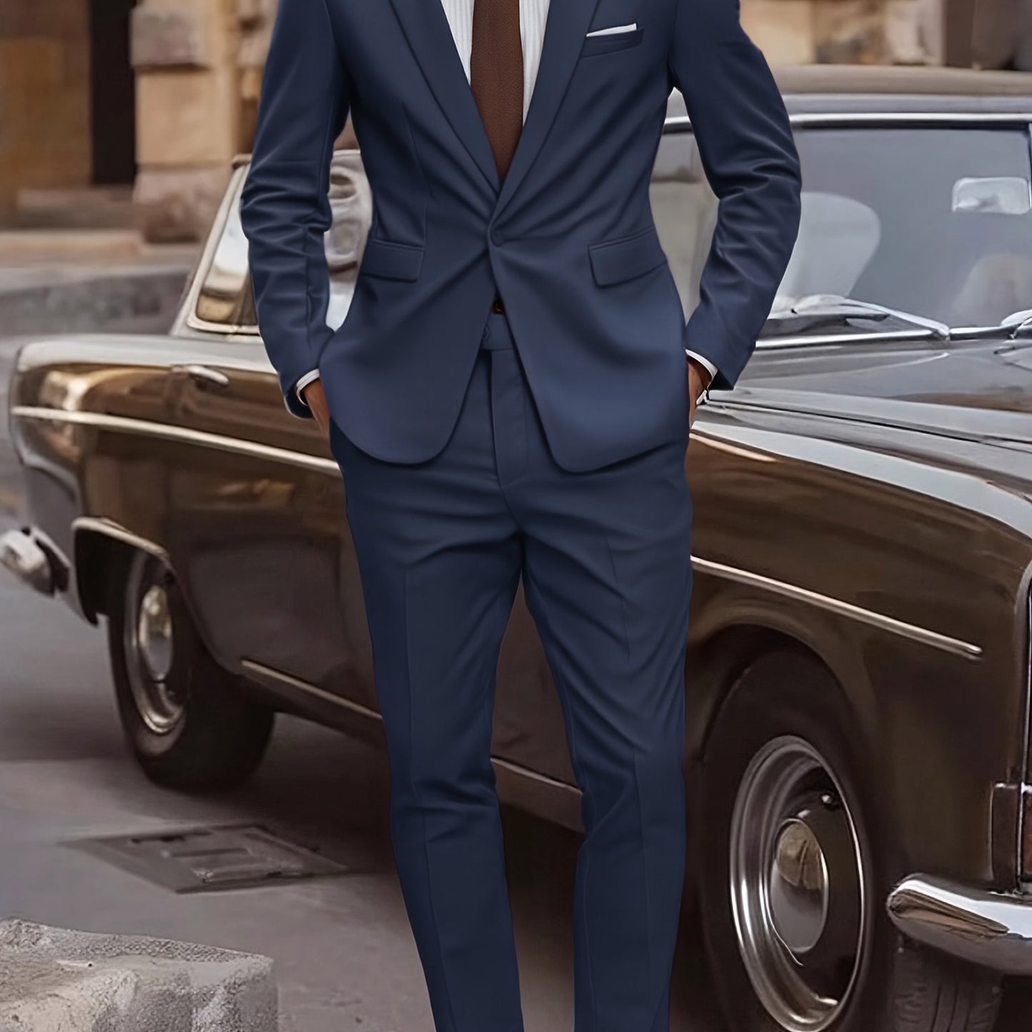 2pcs Men's Elegant Business Casual Suit Set - Includes Classic Lapel Blazer & Dress Pants, Polyester/Rayon Blend, with Pockets - Perfect for Weddings & Formal Occasions