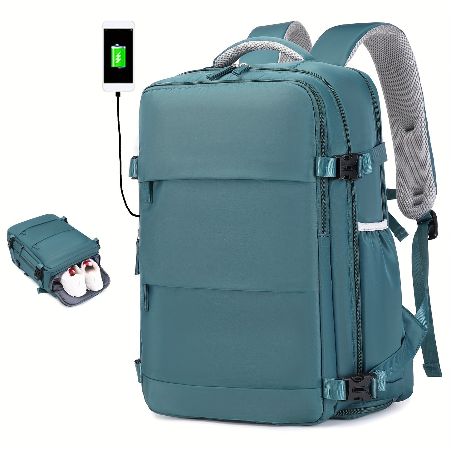 Large Capacity Women'S Travel Backpack with Shoe Compartment, Flight Approved Carry-On, Business Laptop Bag, Polyester Lined, Adjustable Strap, Zipper Closure, Solid White, USB Powered