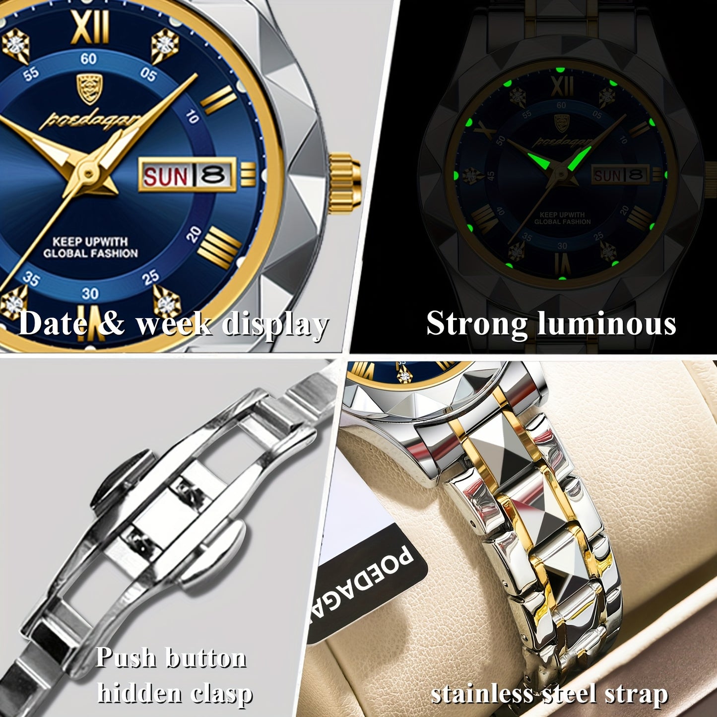 POEDAGAR Women's Elegant Stainless Steel Quartz Watch with Luminous Blue Dial, Roman Numerals, Date Calendar, IPX7 High Quality & -Accented Band for Casual & Formal Wear
