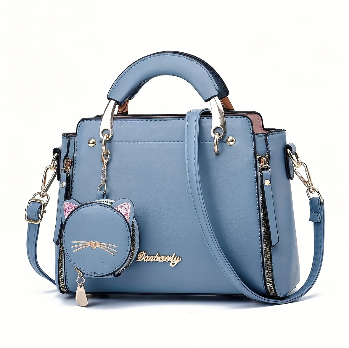 Women'S Fashion Cat Head Handbag, 2025 Trendy Shoulder Bag with Zipper Closure, Polyester Lined, Painted Edges, Versatile Solid Color - White, Red, Black, Pink, Khaki, Grey, Blue, Green, Purple, Light Blue