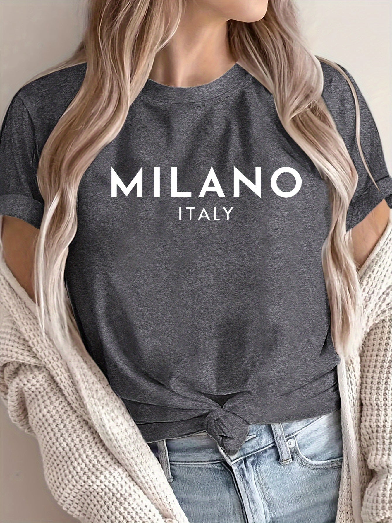 Women'S Casual Polyester T-Shirt with "Milano Italy" Letter Print, Short Sleeve Crew Neck Top, All-Season Knit Fabric Tee, Regular Length - 180gsm
