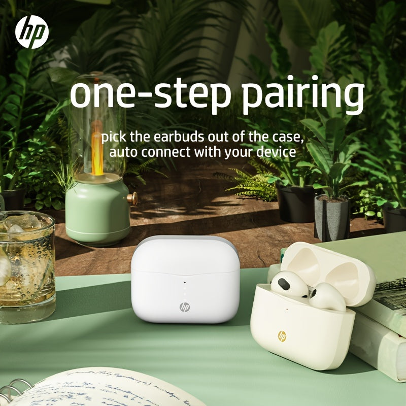 HP True Wireless ականջակալներ, թեթև ականջակալներ ներկառուցված միկրոֆոնով, որոնք ապահովում են հիանալի ձայն և երկար հեռավորության վրա կապ, լիցքավորման պատյանով - հարմար են և՛ iPhone-ի, և՛ Android սարքերի համար։