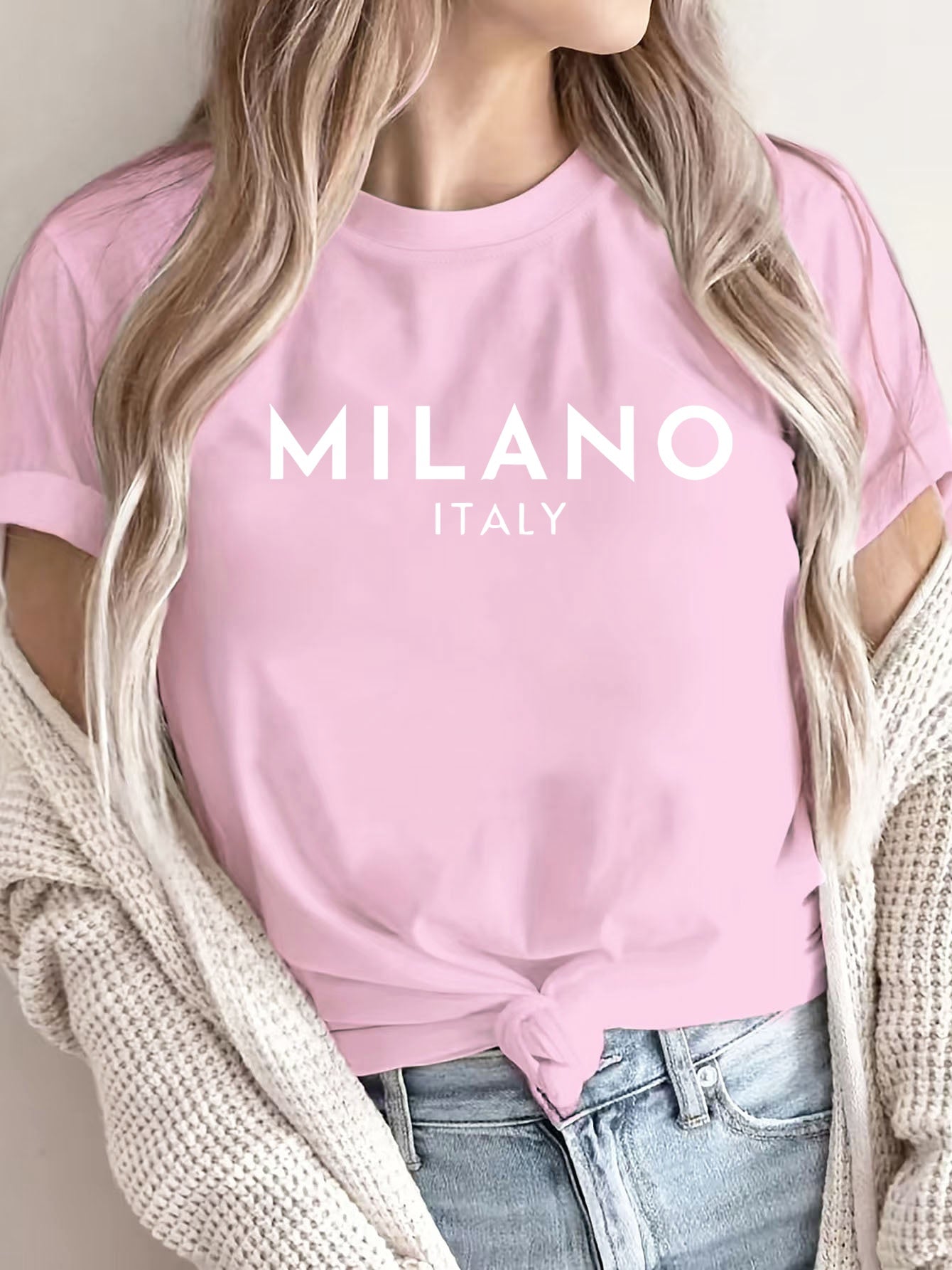 Women'S Casual Polyester T-Shirt with "Milano Italy" Letter Print, Short Sleeve Crew Neck Top, All-Season Knit Fabric Tee, Regular Length - 180gsm