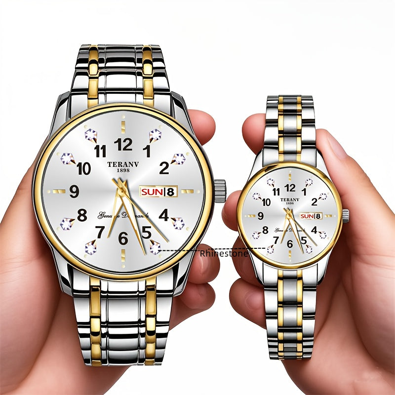 Two Stylish Digital Round Dial Couple'S Quartz Watches - IPX7 Waterproof, Luminous, Dual Calendar, Date and Day/Week Display, Alloy Strap Business Watches, Suitable for Women and Men, Valentine'S Day Gift Wristwatches