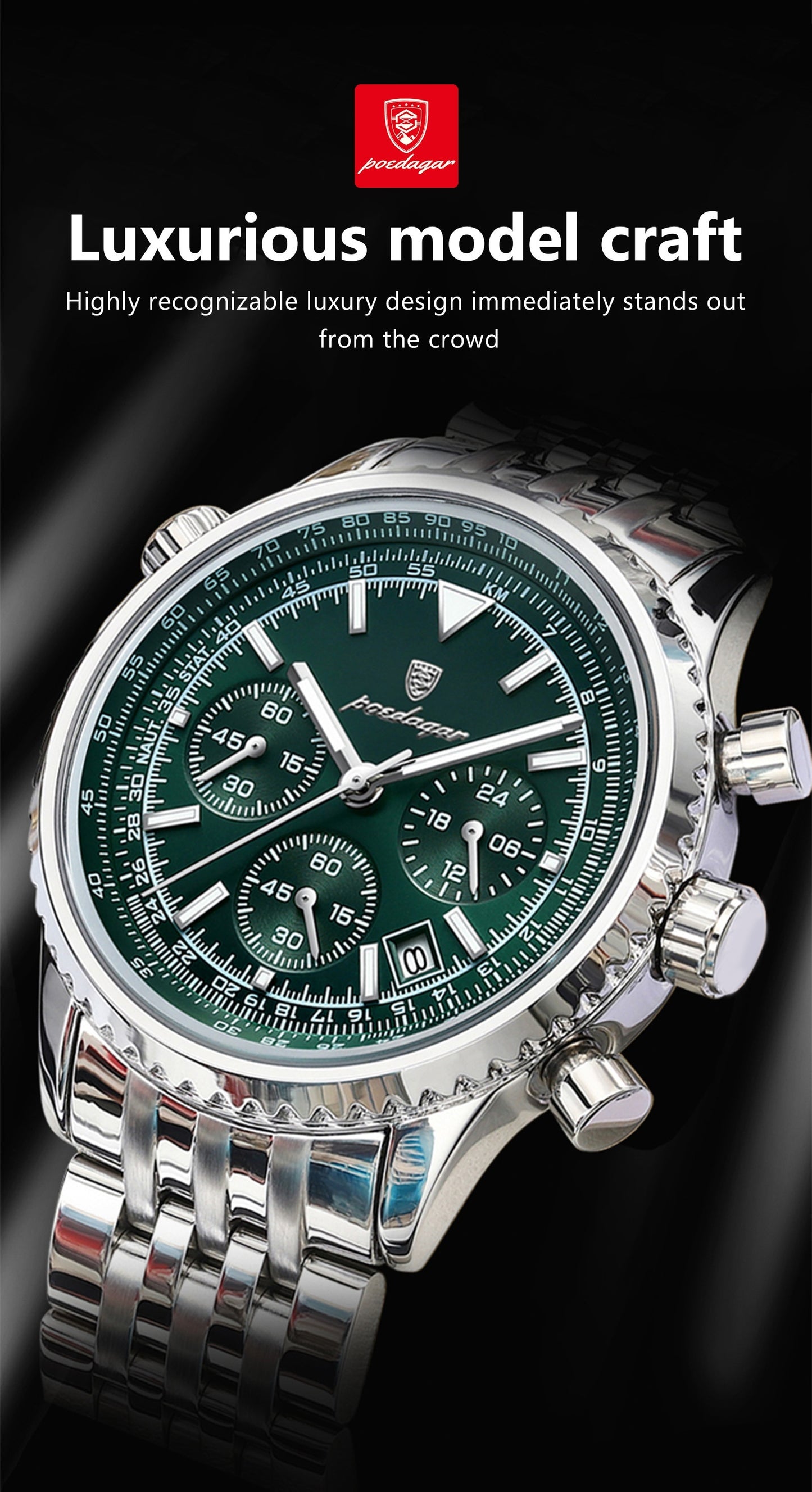 Berda Tomato Business Dominant High-end Luxury Stainless Steel Watch Waterproof Luminous Calendar Quartz Men's Watch, POEDAGAR
