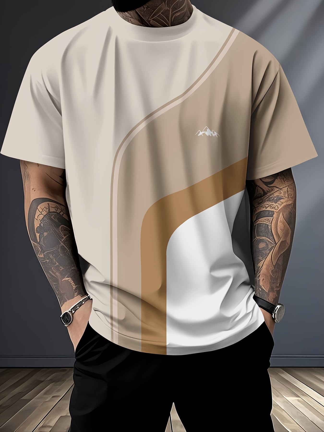 Men'S Beige Geometric Print T-Shirt - Casual Crew Neck, Slight Stretch Fabric, Modern Design with Striking Patterns, Everyday Tshirt | Modern Tshirt | Comfortable Fit