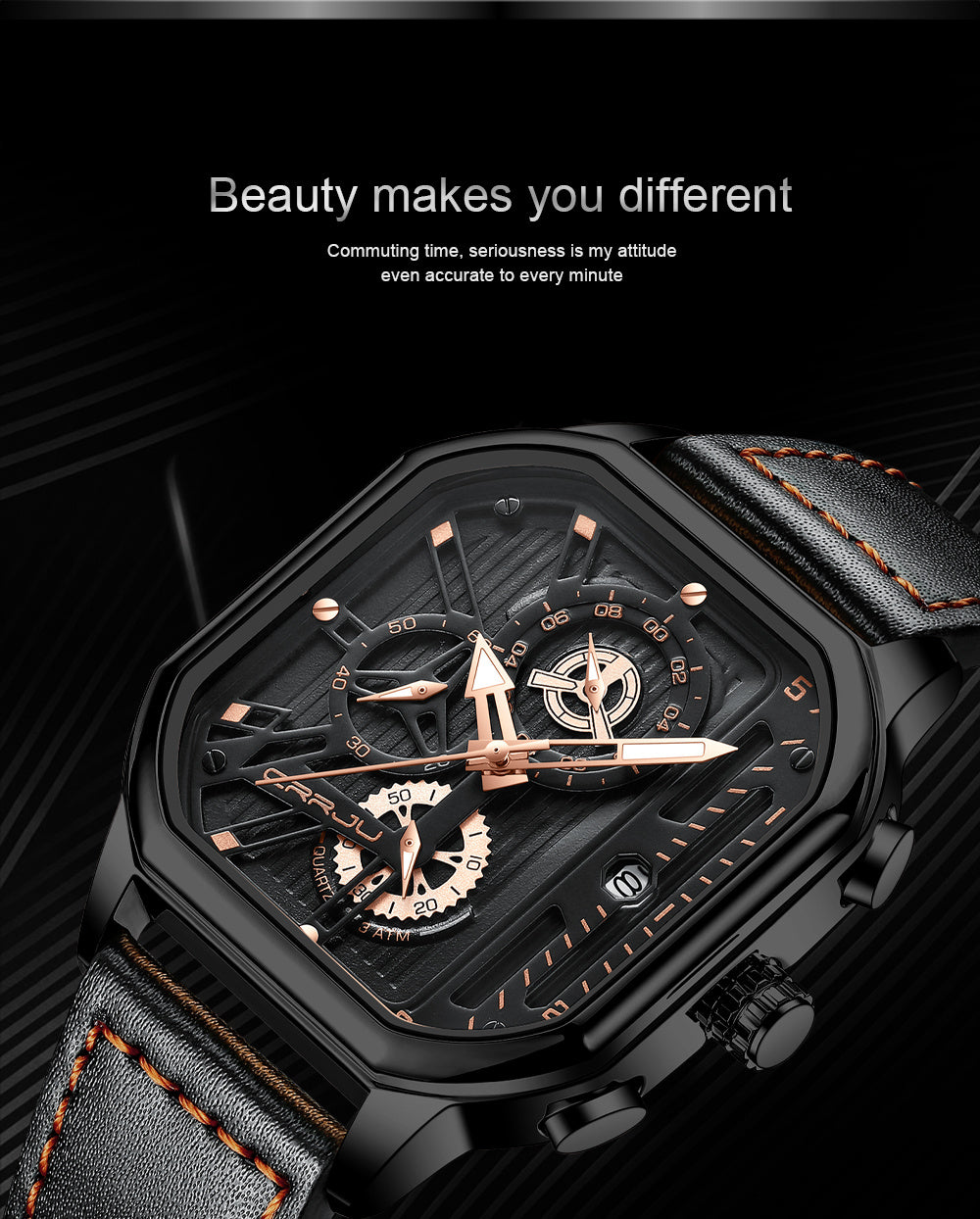 CRRJU Men's Sporty Chronograph Watch with Rose Golden Accents, Quartz Movement, IPX8 High Quality, Black Dial & Brown Faux Leather Strap - Durable Casual & Formal Timepiece