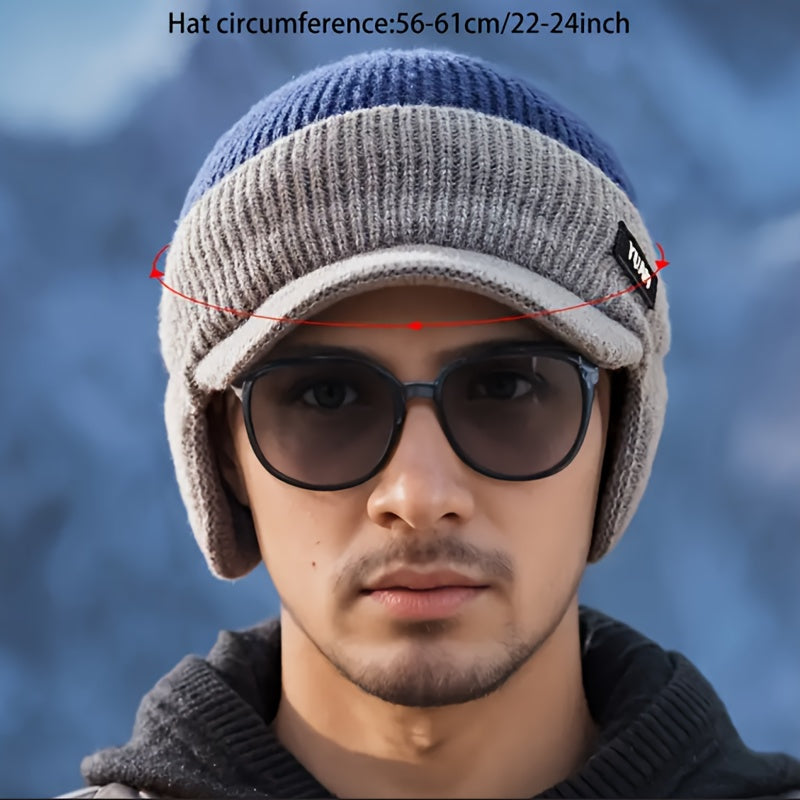 Men'S Winter Ear-Protecting Knitted Cap with Fleece, Warm Duckbill Hat for Outdoor Youth Cycling in a Color-Block Design.