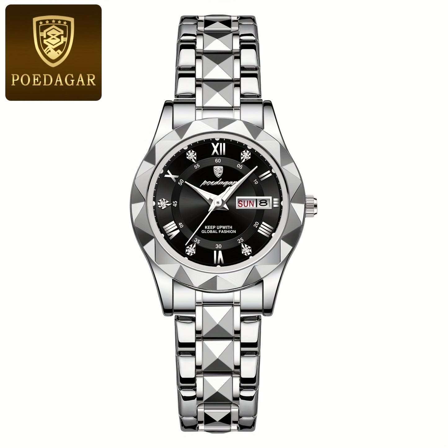 POEDAGAR 2023 New Women's Casual Quartz Watch - Stainless Steel Band, High Quality IPX7, Luminous Blue Dial with Roman Numerals, Date Display, Elegant Round Design for Casual Attire, Secure Clasp Closure