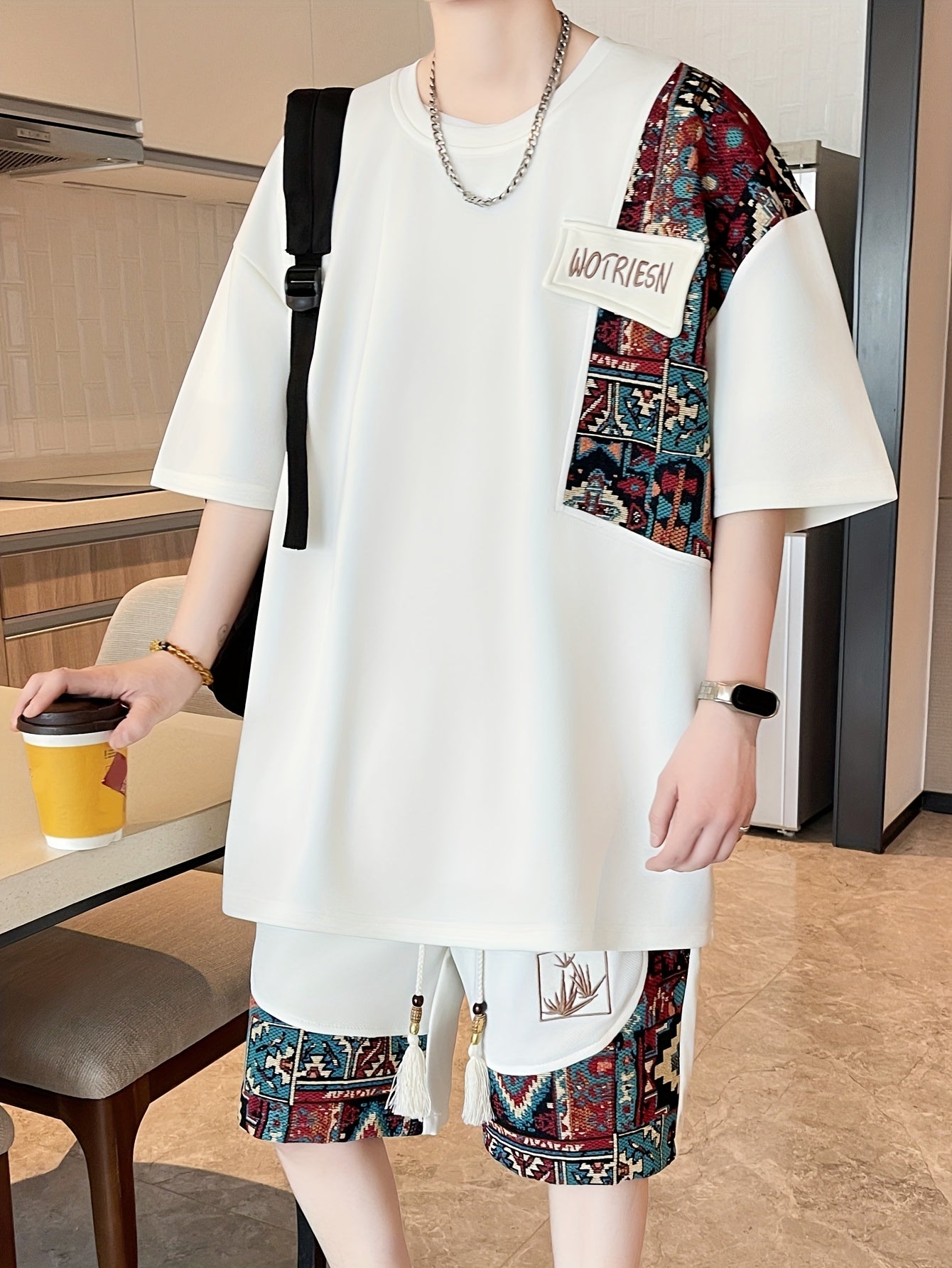 2pcs Men's Summer Casual Outdoor Set, Fashion Ethnic Style Round Neck Short Sleeve T-Shirt and Shorts Suit with Embroidery Design Loose Fit, Short Sleeve + Drawstring Shorts Combo, Suitable for Summer Outdoor Activities
