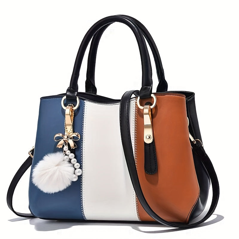 Stylish Women'S Shoulder Bag with Detachable Strap - Large Capacity, Geometric Pattern, White, Blue, and Brown, Perfect for Work, Parties, and Everyday Use, Party Accessory | Geometric Pattern Bag | Durable Zipper Closure, Pu