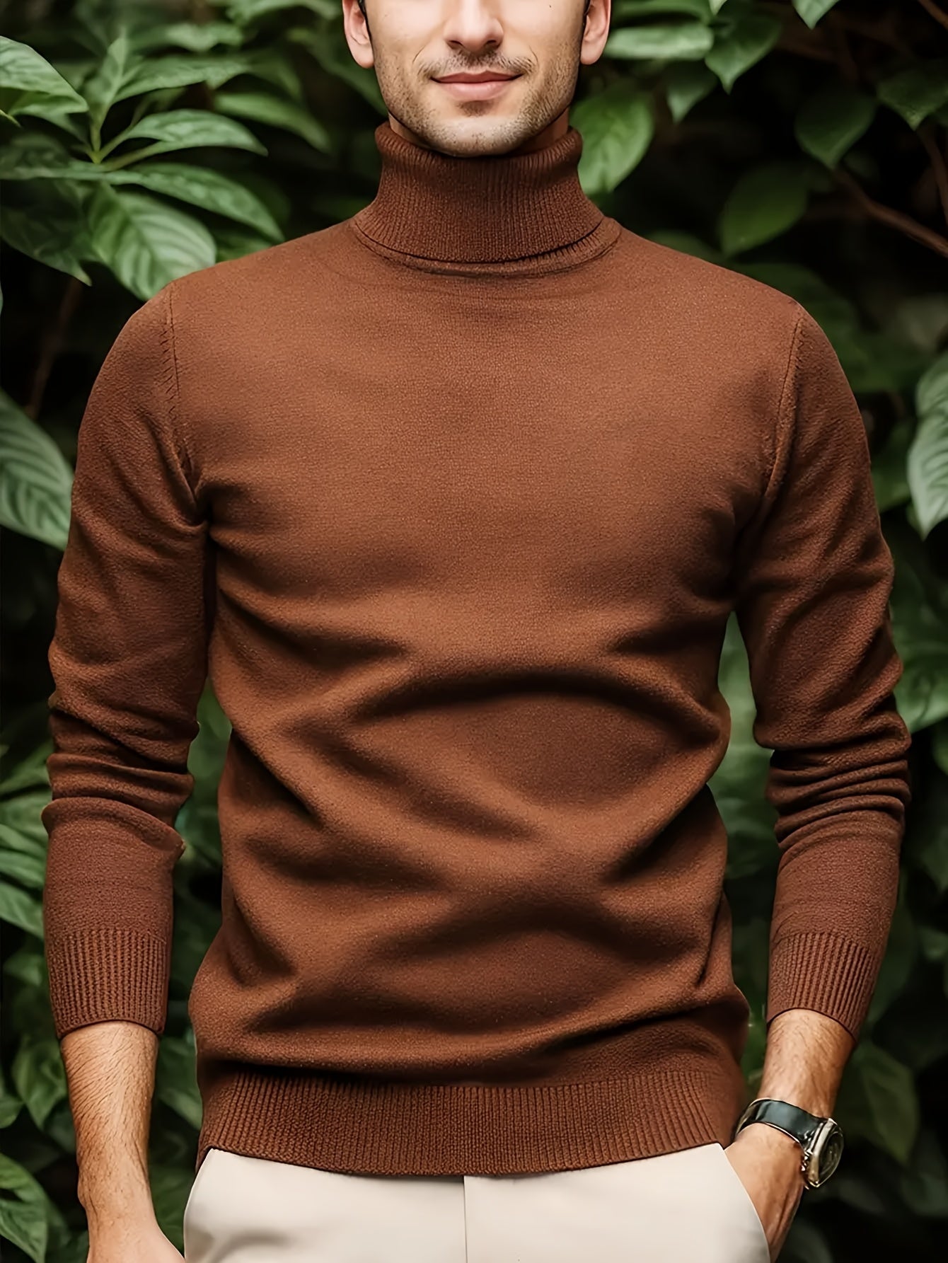 Men's Sleek Light Blue Turtleneck Sweater - Casual Knit Pullover with Ribbed Cuffs, Long Sleeves for Fall/Winter, Soft Viscose Blend