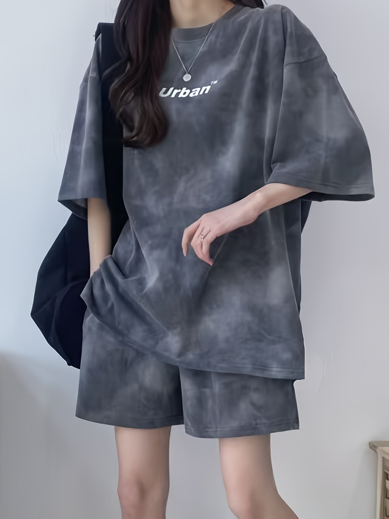 Women's Fashionable Tie-Dye Letter Print Comfortable Casual Loose Short Sleeve Top & Side Pocket Shorts Set - Summer Sporty Outfit in Gray, Polyester/Spandex Blend