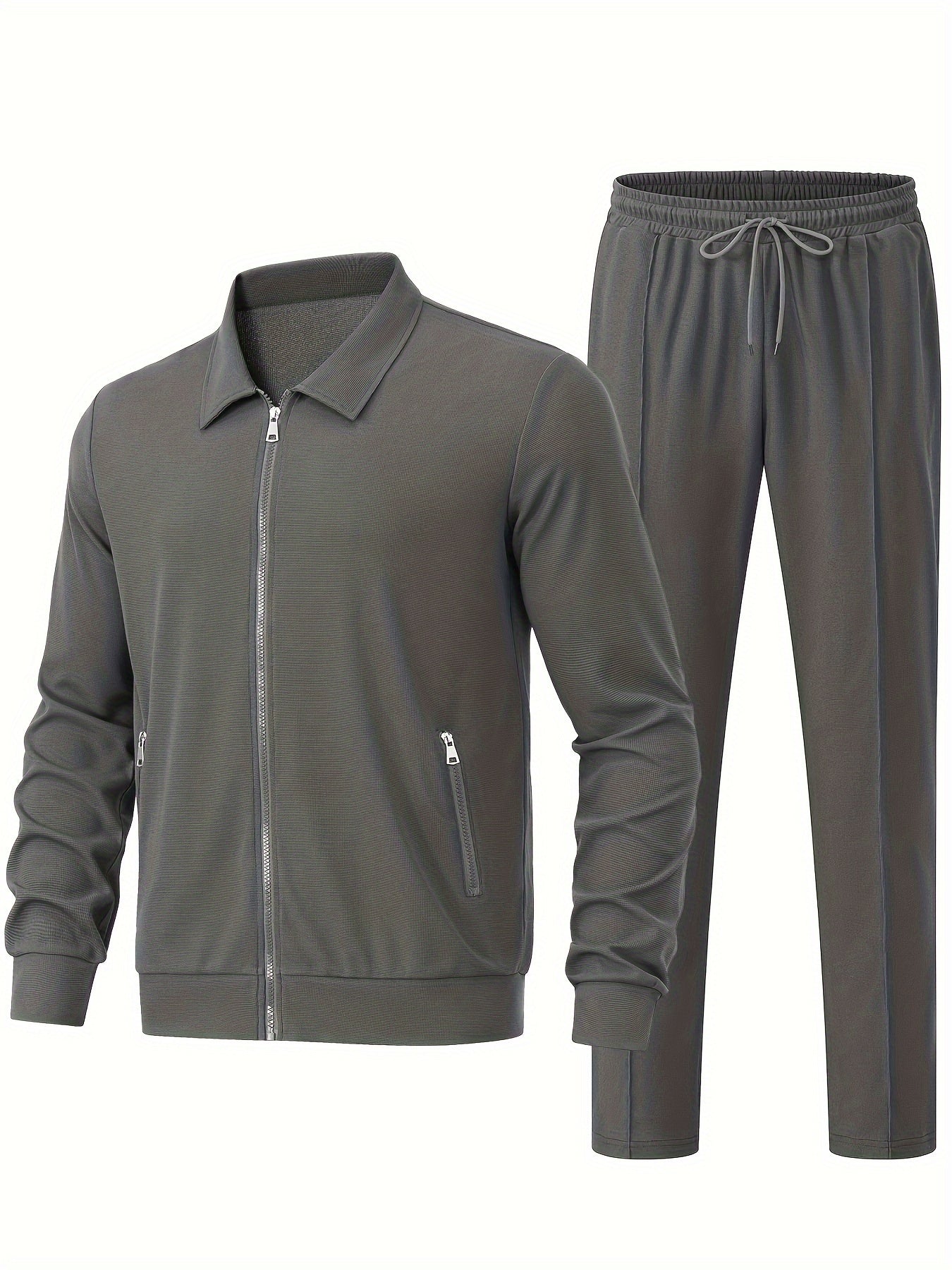 Men's Solid Waffle 2pcs Athletic Outfits, Zip-up Jacket & Pants co ord set for Outdoor Sports