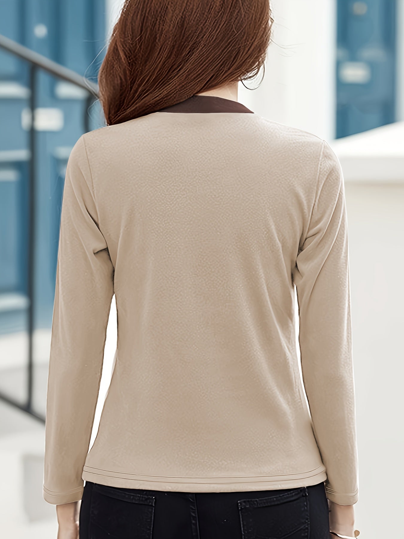 Women's Chic Color Block Casual Top - High Stretch Polyester & Elastane Blend, Button Detail, Machine Washable - Elegant Stand Collar, Long Sleeve, Beige & Brown