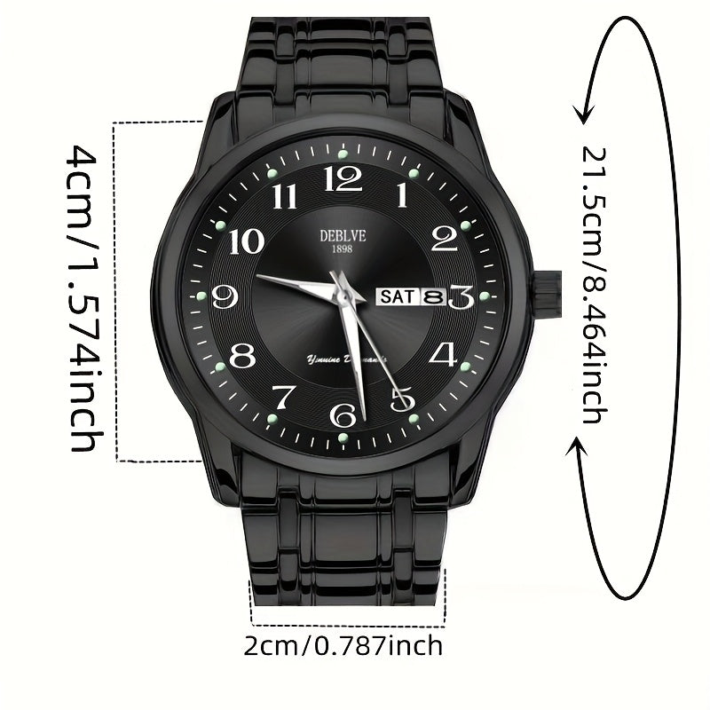 DEBLVE Men'S Fashionable Stainless Steel Watch with Luminous Numbers, Calendar & Week Display - Quartz Movement, Business Style, Ideal for Travel & Daily Use