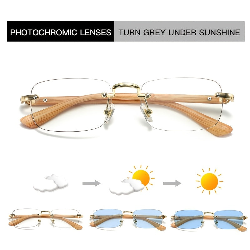 1pc Fashionable Retro Frameless Rectangular Glasses, Metal Frames with Hinges, Lenses will change color and not make everything too dark, so you can wear them for evening walks in the city, holiday photos, beautiful birthday