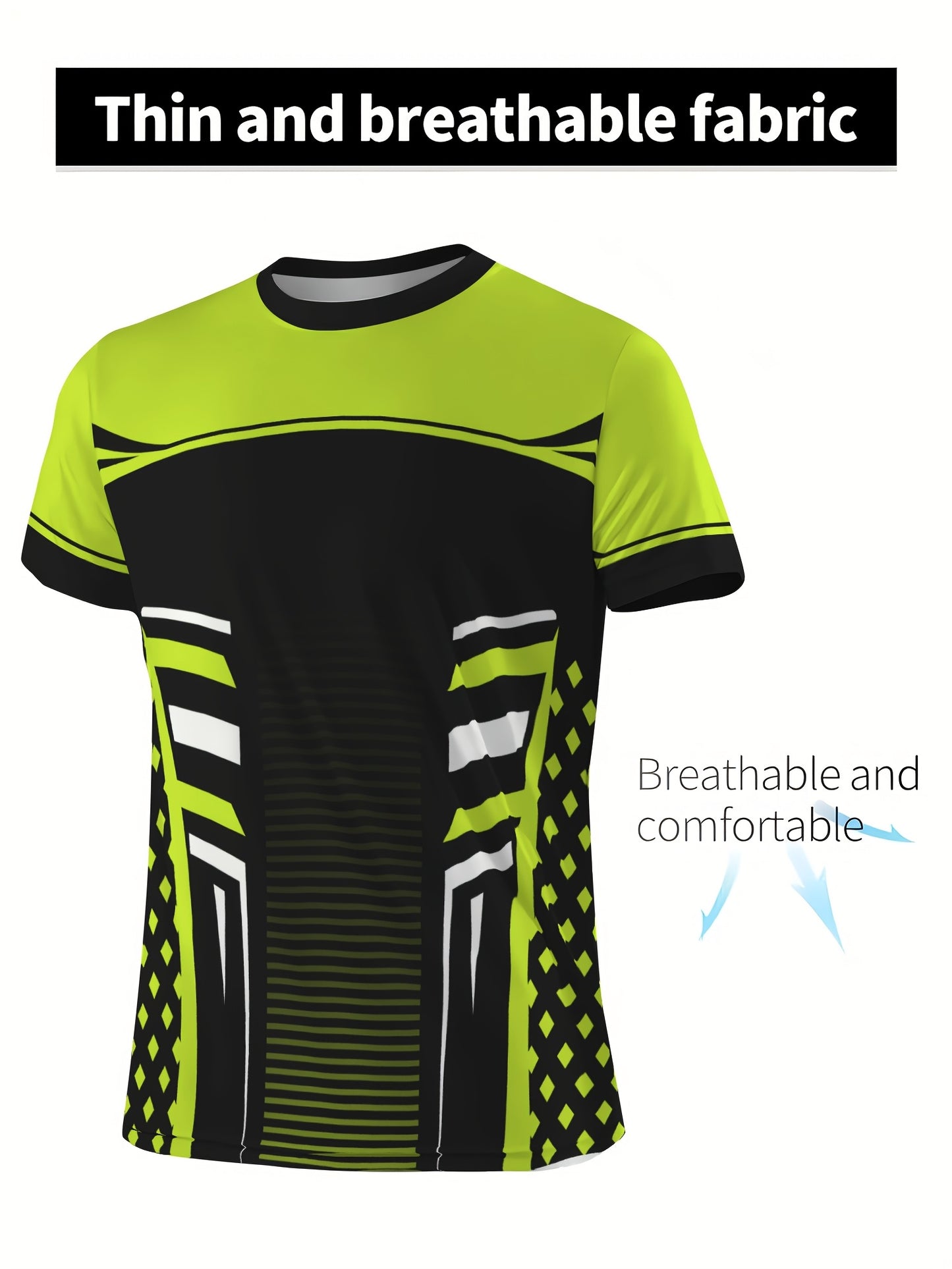 Geometric print high stretch skinny fit short sleeve crew neck T-shirt, quick-drying sports top for summer fitness, training and gym wear