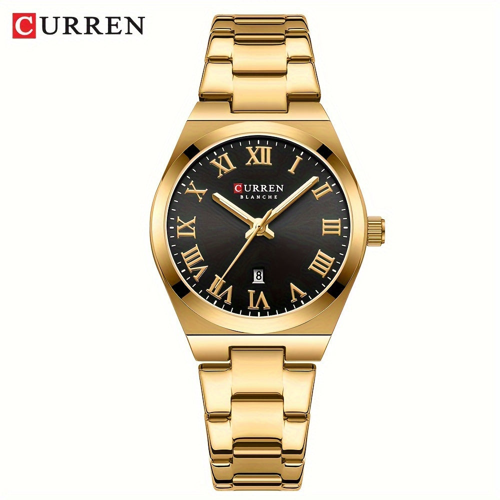 Fashionable Brand Of CURREN Ladies' Watches With A Casual And Simple Stainless Steel Strap, Featuring A Calendar And Quartz Movement.