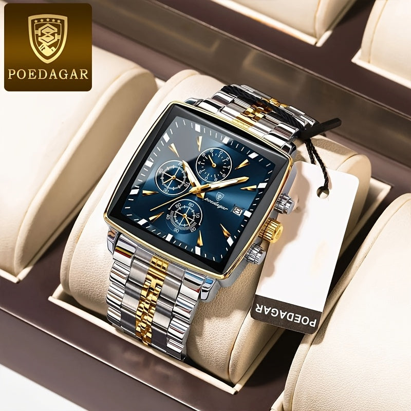 POEDAGAR Men's Stainless Steel Luminous Watch - Blue Dial Chronograph, High Quality Quartz Movement with Date Calendar, Golden-Tone Accents for Business Casual & Casual Attire, Formal Accessory, Stylish Accessory, Refined Cra