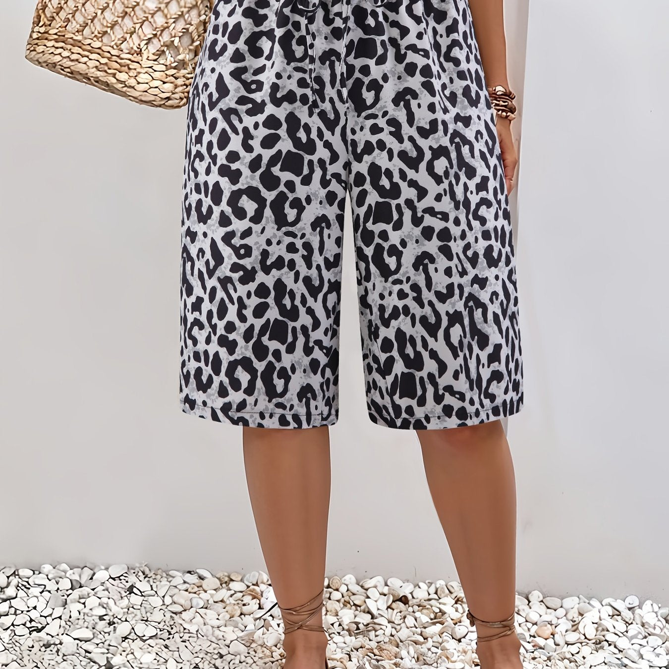 Women's Plus Size Leopard Print Wide-Leg Beach Shorts - Casual Vacation Style, High-Rise with Faux Drawstring, Lightweight Polyester, Black & Gray Animal Pattern, Perfect for Summer Outings, Beachwear Shorts | Tropical Vacati