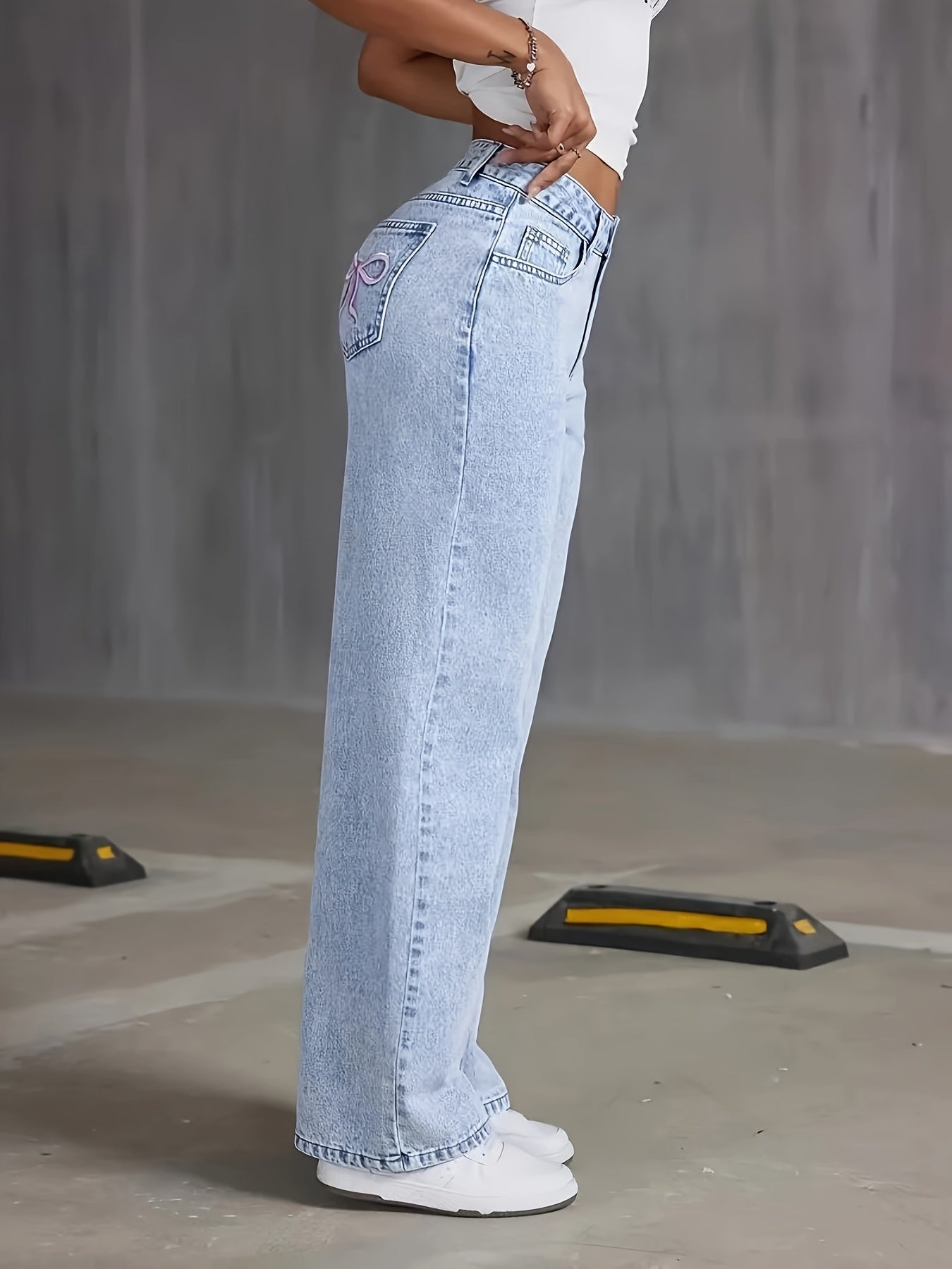 Women's High-Rise Light Wash Blue Denim Wide-Leg Pants with Butterfly Details - Street Style, Non-Stretch Fabric, Machine Washable