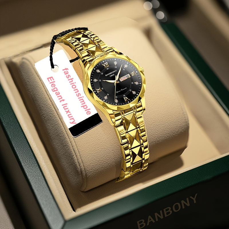1pc Elegant BANBONY Stainless Steel Women'S Watch with Sparkling Rhinestones, Double Calendar, Glow-in-the-Dark Display, Waterproof - Ideal Gift for Birthdays, Anniversaries, and Special Occasions, Luxury Accessory | Elegant