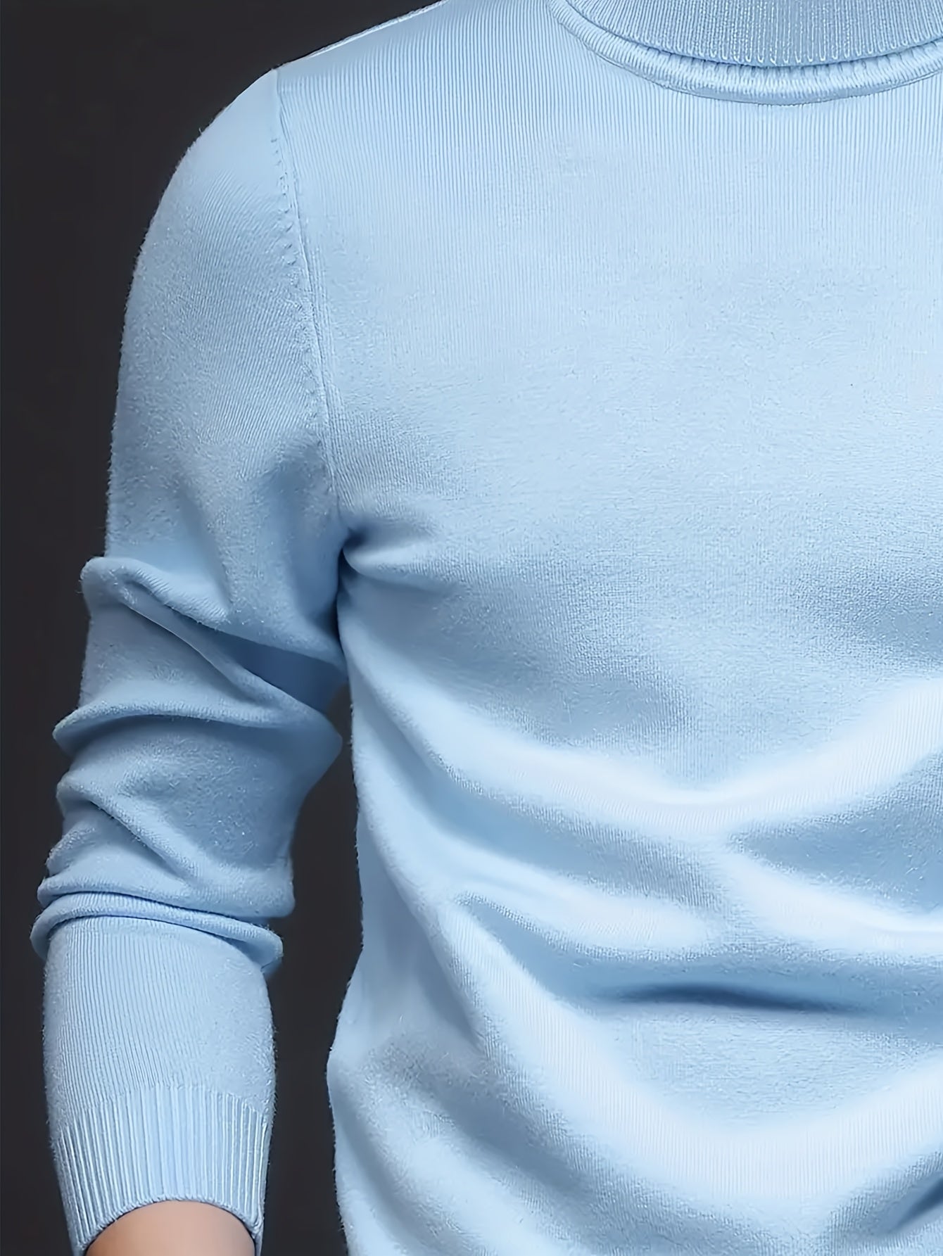 Men's Sleek Light Blue Turtleneck Sweater - Casual Knit Pullover with Ribbed Cuffs, Long Sleeves for Fall/Winter, Soft Viscose Blend