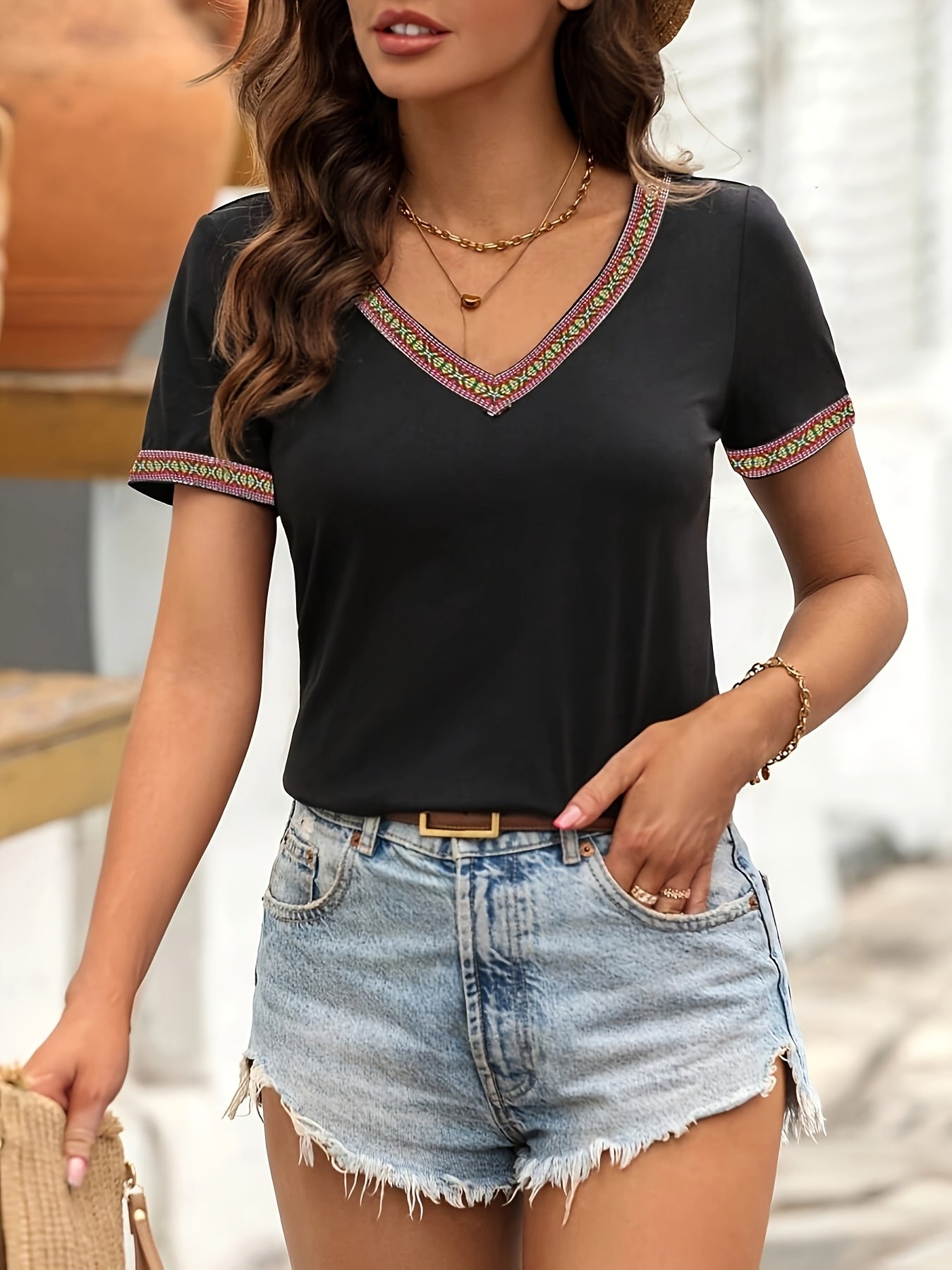 Women's Elegant V-Neck T-Shirt with Contrast Color Accents - Black & Multicolor Geometric Pattern, Short Sleeve Spring/Summer Top, Machine Washable, Everyday Fashion, Nontransparent Fabric
