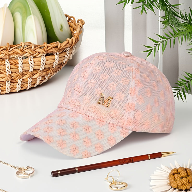 Women's Floral Lace Baseball Cap with Breathable Mesh Back & Embroidered 'M' Detail - Adjustable Snapback Closure, Lightweight Design for Valentine's Day, Casual Outings, City Travel, Outdoor Activities Hat, Embroidered Detai