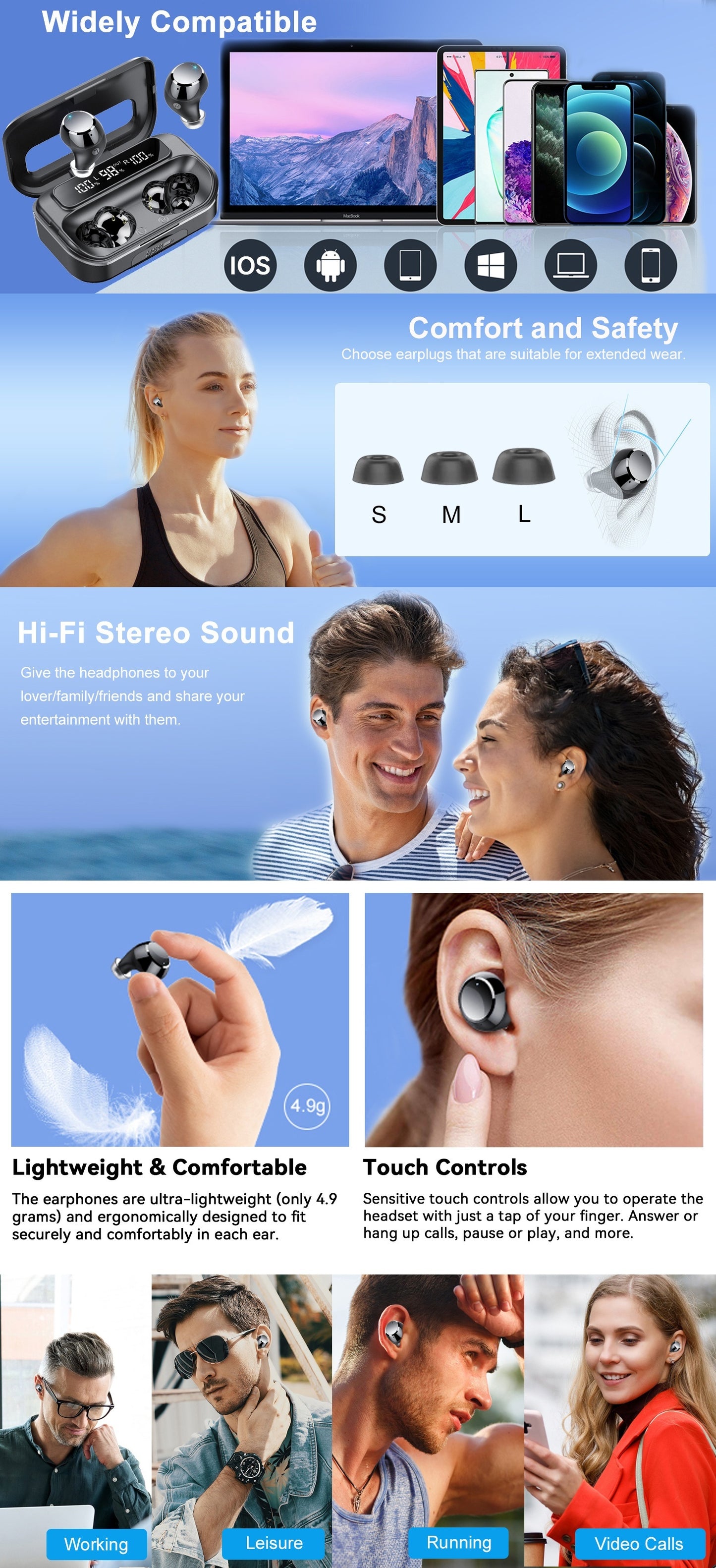 Wireless Earphones 5.3 True Wireless Earbuds with 120H Playback, LED Power Display, Wireless Charging Case, Microphone for TV, Smartphone, Laptop, Sports
