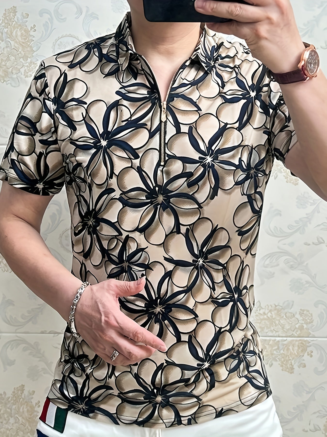 Men'S Lightweight Floral Print Short Sleeve T-Shirt - Stylish Black & Beige Business Casual Top with Zipper Detail, Regular Fit for Summer, Summer Casual Wear | Modern Casual Style | Stylish Button Details