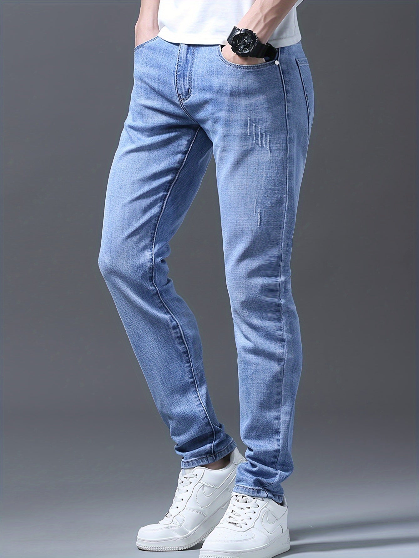 Men's Slim-Fit Stretch Denim Jeans - Light Blue, Versatile for All Seasons