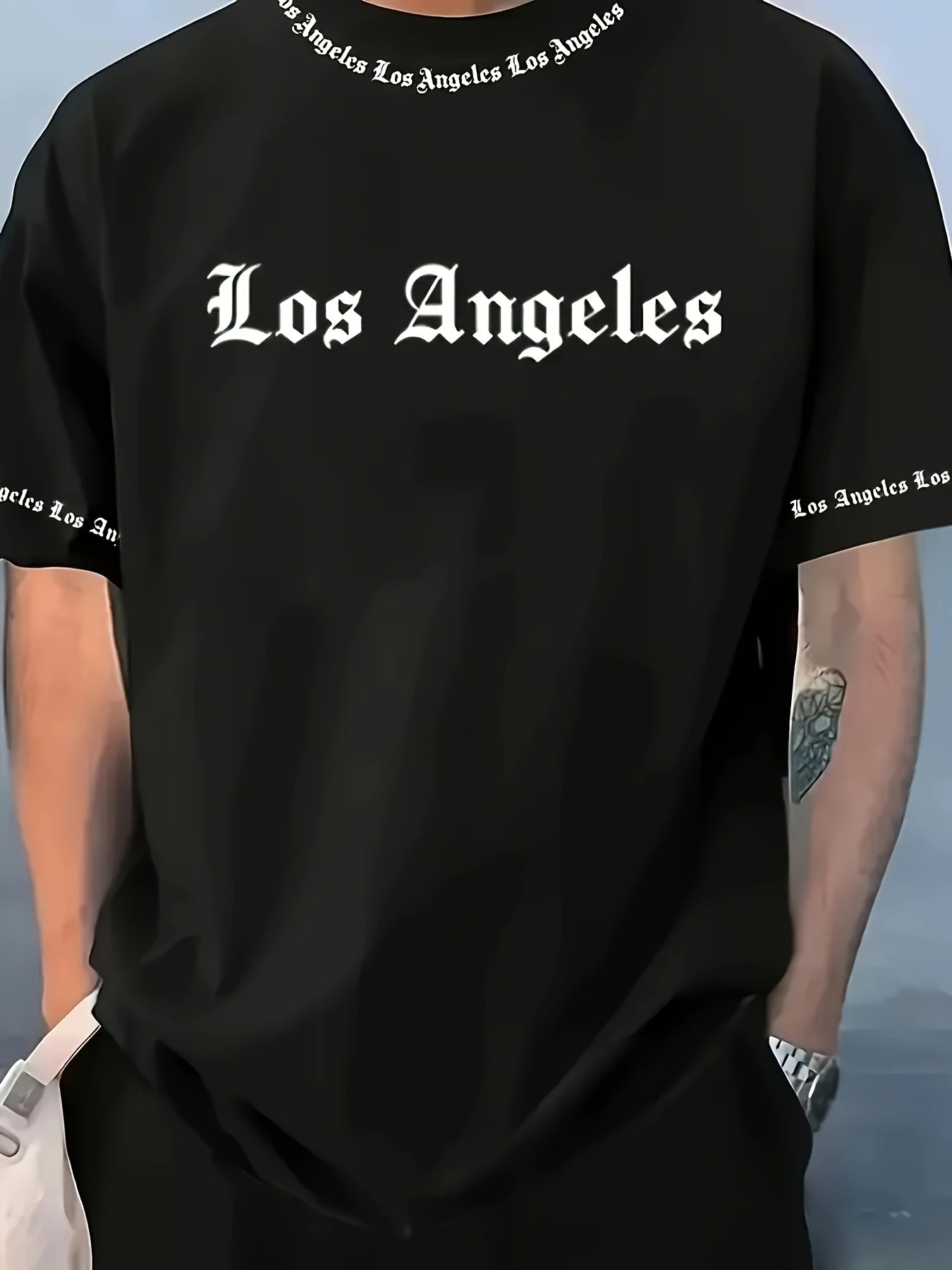 Men'S Los Angeles Graphic Print Casual Sportswear Set - Breathable Summer Short Sleeve T-Shirt & Drawstring Shorts with Pockets, Regular Fit, Crew Neck, Comfortable & Stylish for Casual Attire, Leisure Clothing | Trendy Sport