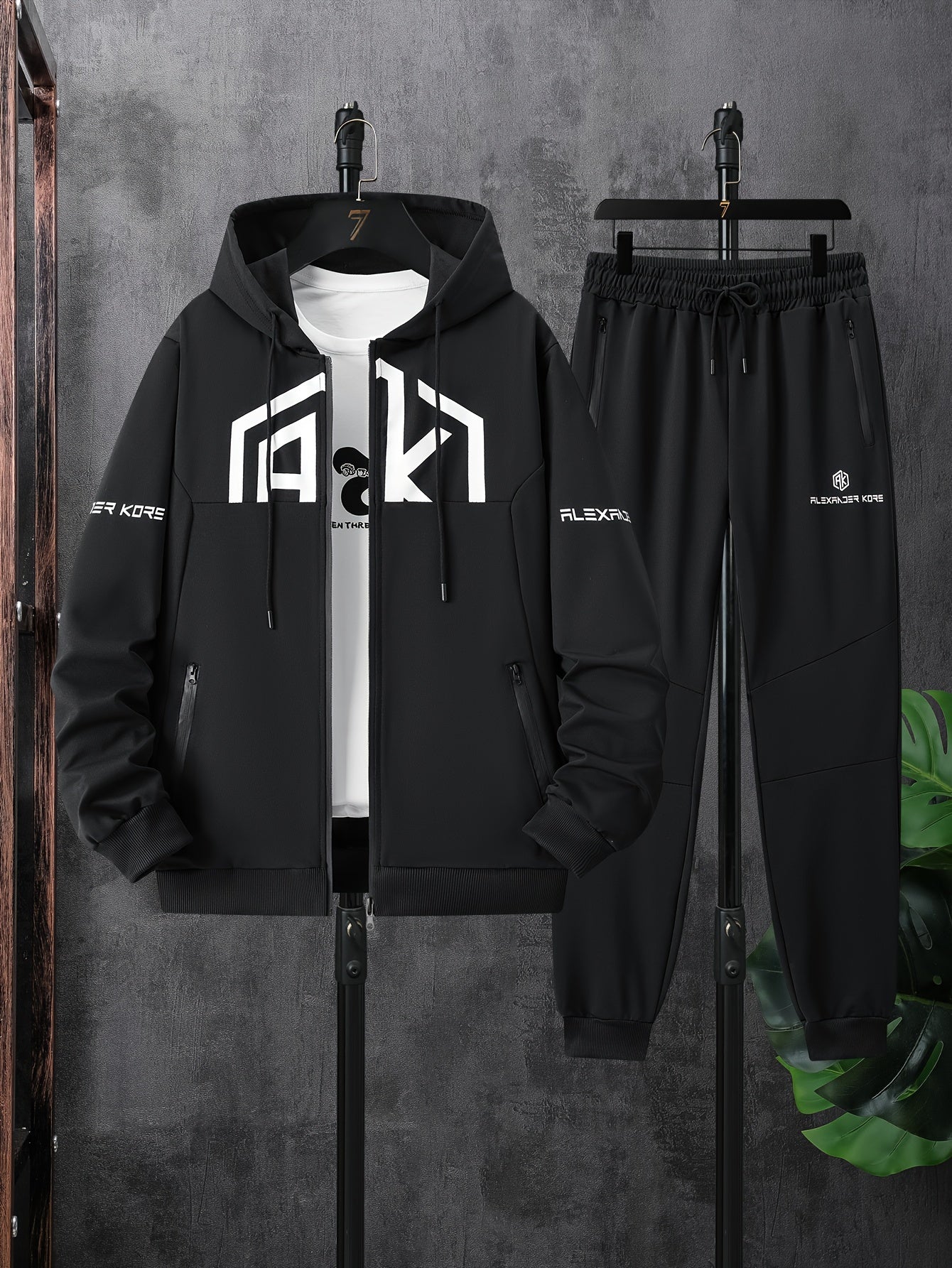 Men's AK Letter Print Long Sleeves Hoodies With Zipper Detail & Long Pants Two-piece Set, Slight Stretch Comfortable Clothing For Spring And Autumn
