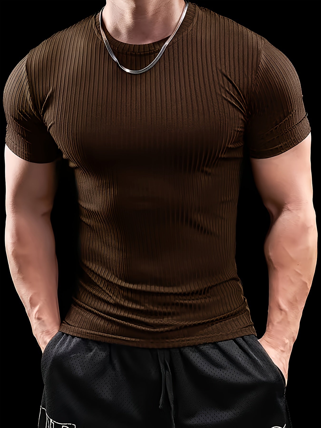 Men's Slim Fit Ribbed Short Sleeve T-Shirt - Stretchy Athletic & Casual Wear, Green, Round Neck, Machine Washable, Muscle-Enhancing Design, Gym Shirts