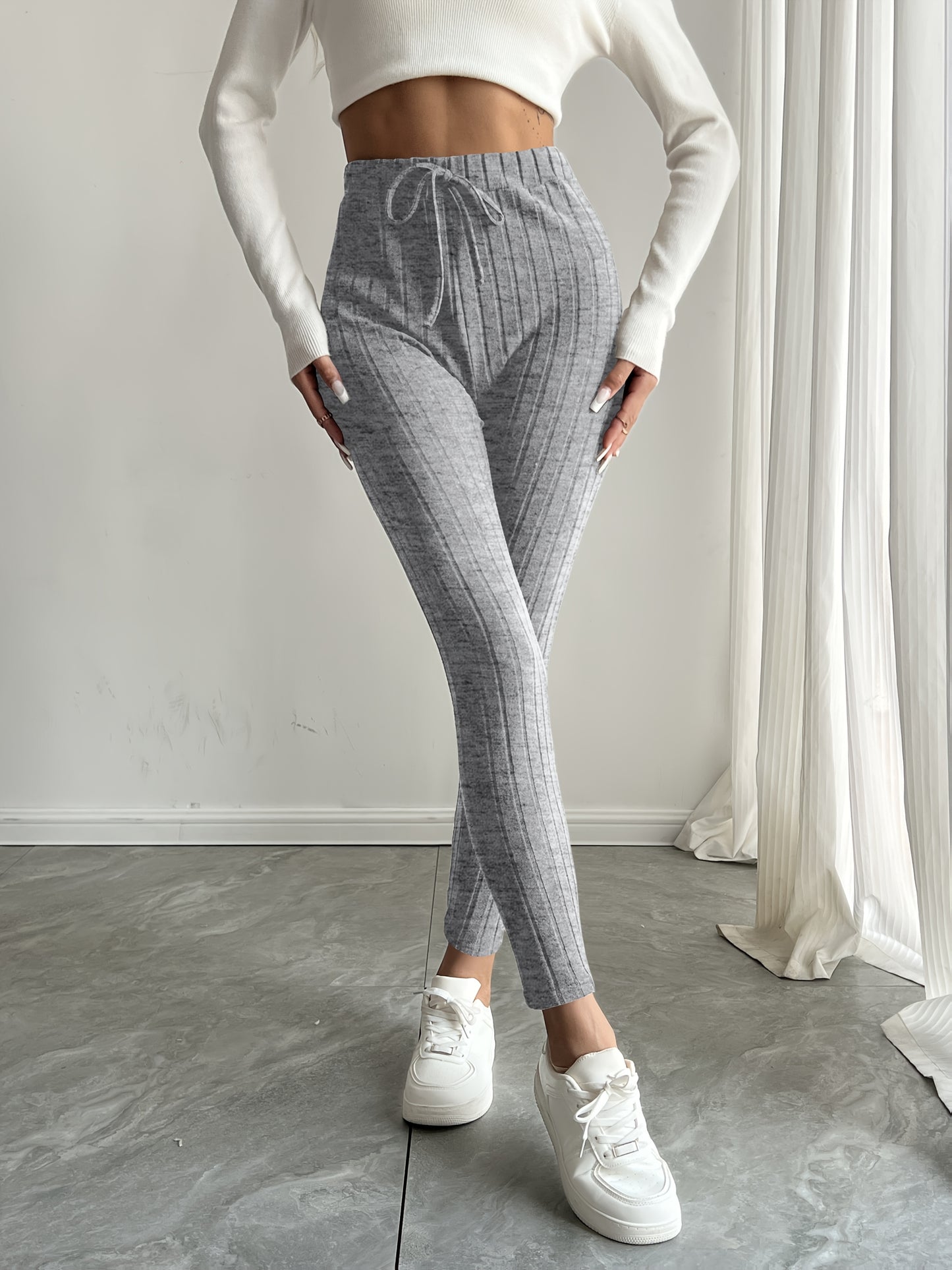 High-Waisted Drawstring Skinny Knitted Pants For Everyday Wear - Solid Color Women's Casual Clothing