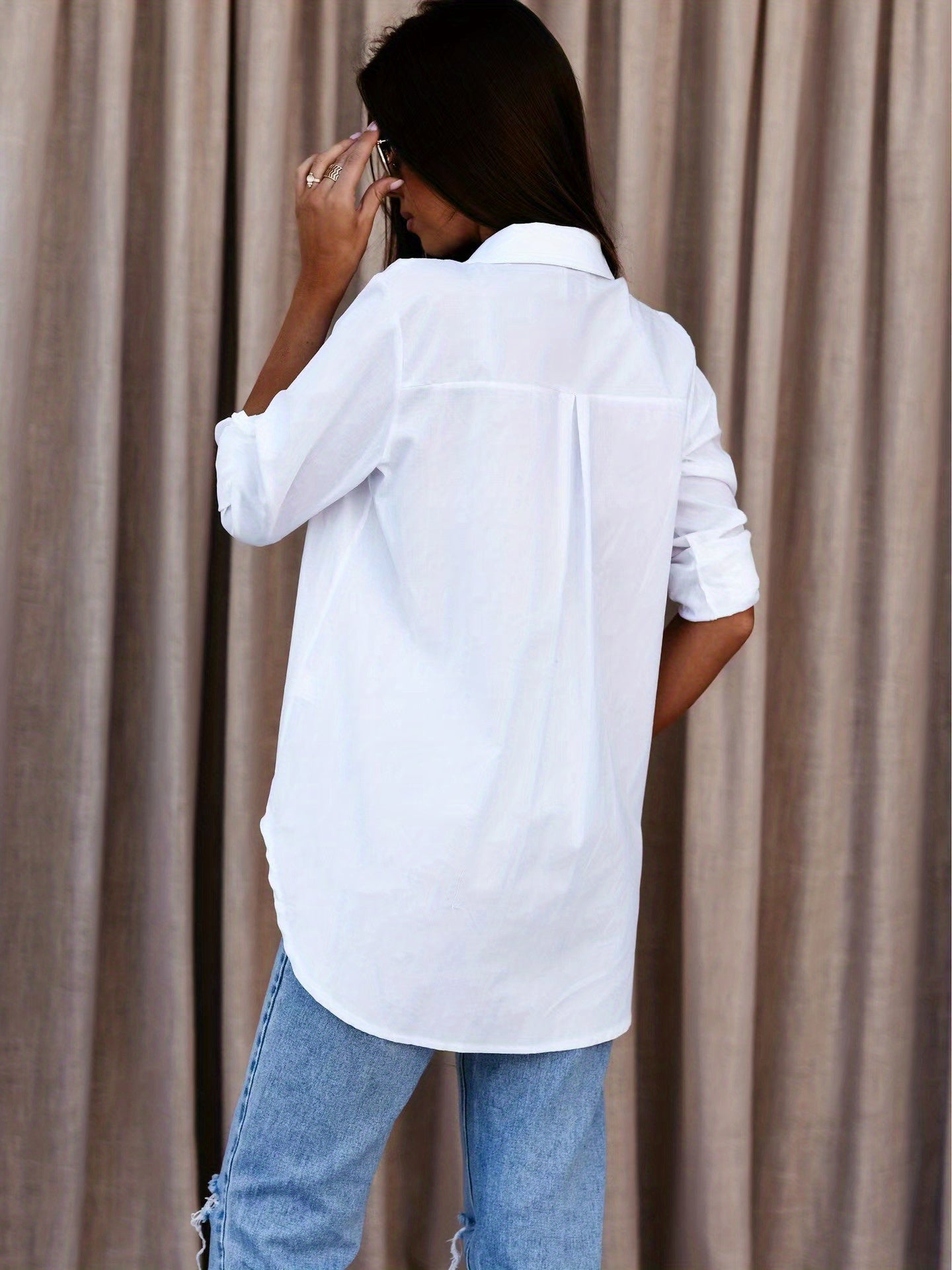 Solid Rollable Sleeve Shirt, Casual Button Front Work Office Shirt With A Collar, Women's Clothing
