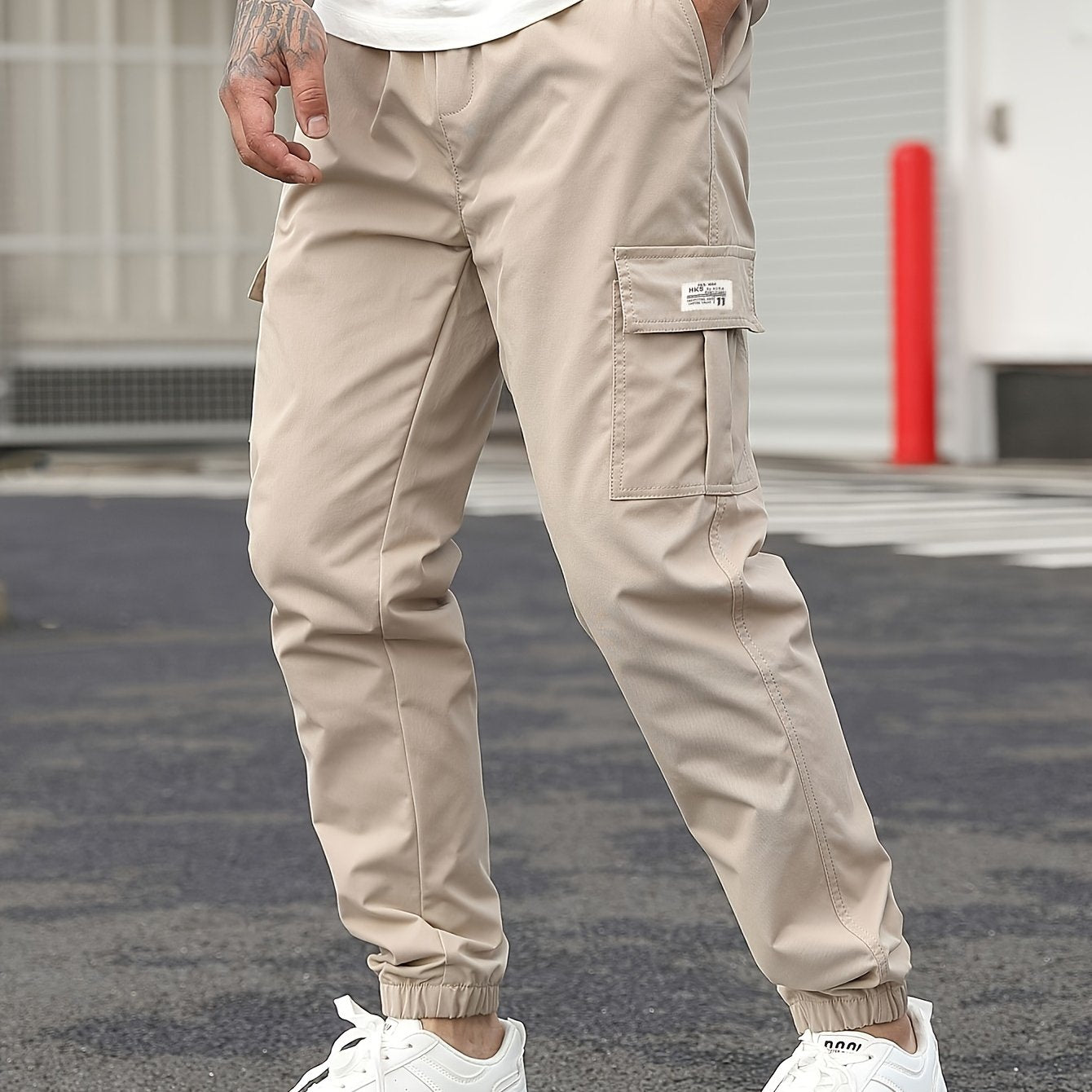 1pc Men'S Casual Polyester Cargo Pants - Mid Waist Elastic Joggers with Multiple Pockets, Non-Stretch Solid Color, Regular Fit for Weekend Wear - Spring/Fall Fashion Trousers