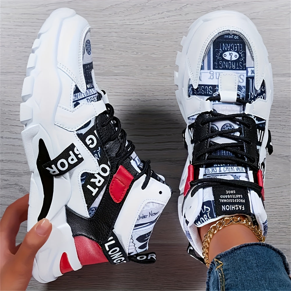 Women'S Comfortable Geometric Patterned Sports Shoes - Lightweight, All-Season, Mid Top, Lace Up, Plain Toe, Polyurethane Upper, Fabric Inner and Insole, MD Sole, Random Printing