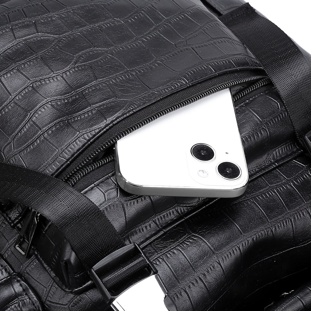 Unisex Backpack with Crocodile Texture, Large Capacity, Anti-Theft, Multi-Compartment, Fits 14-inch Laptop, Casual Travel & Business Commute, Minimalist Style, No Battery - Black