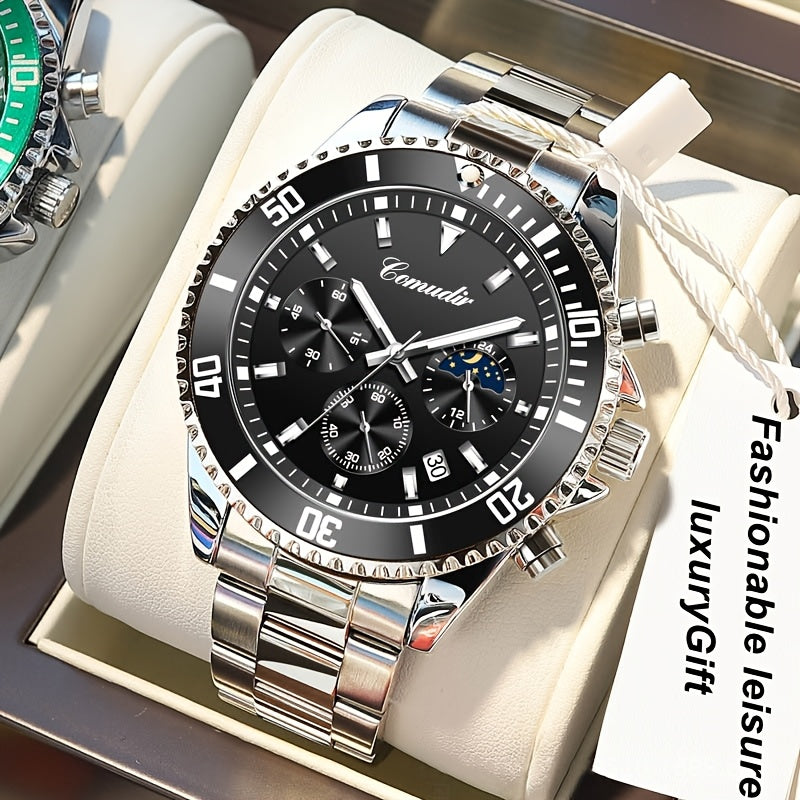1pc New Fashion Stainless Steel Luxury Quartz Watch, High-end, Casual, Round Dial, Multi-scale, Night Light, Date Display, with Birthday, Holiday, Anniversary, for Men, Travel, Party