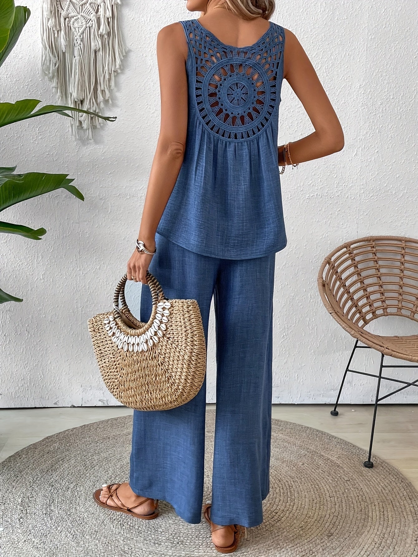 Women'S Summer Backless Cut-Out Panel Tank Top + Wide Leg Pants Set - Casual, Simple, Sleeveless, Polyester, Light Beige, Perfect for Spring/Summer, Casual Attire|Backless Top|Polyester Fabri