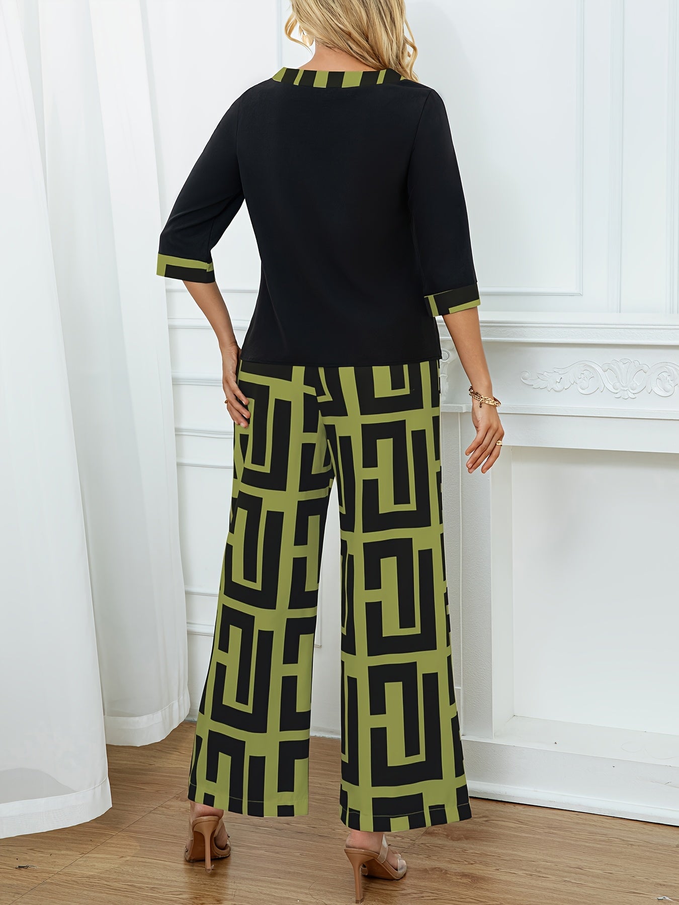 Women's Elegant Spliced Round Neck Top + Geometric Print Wide-Leg Pants Two-Piece Set