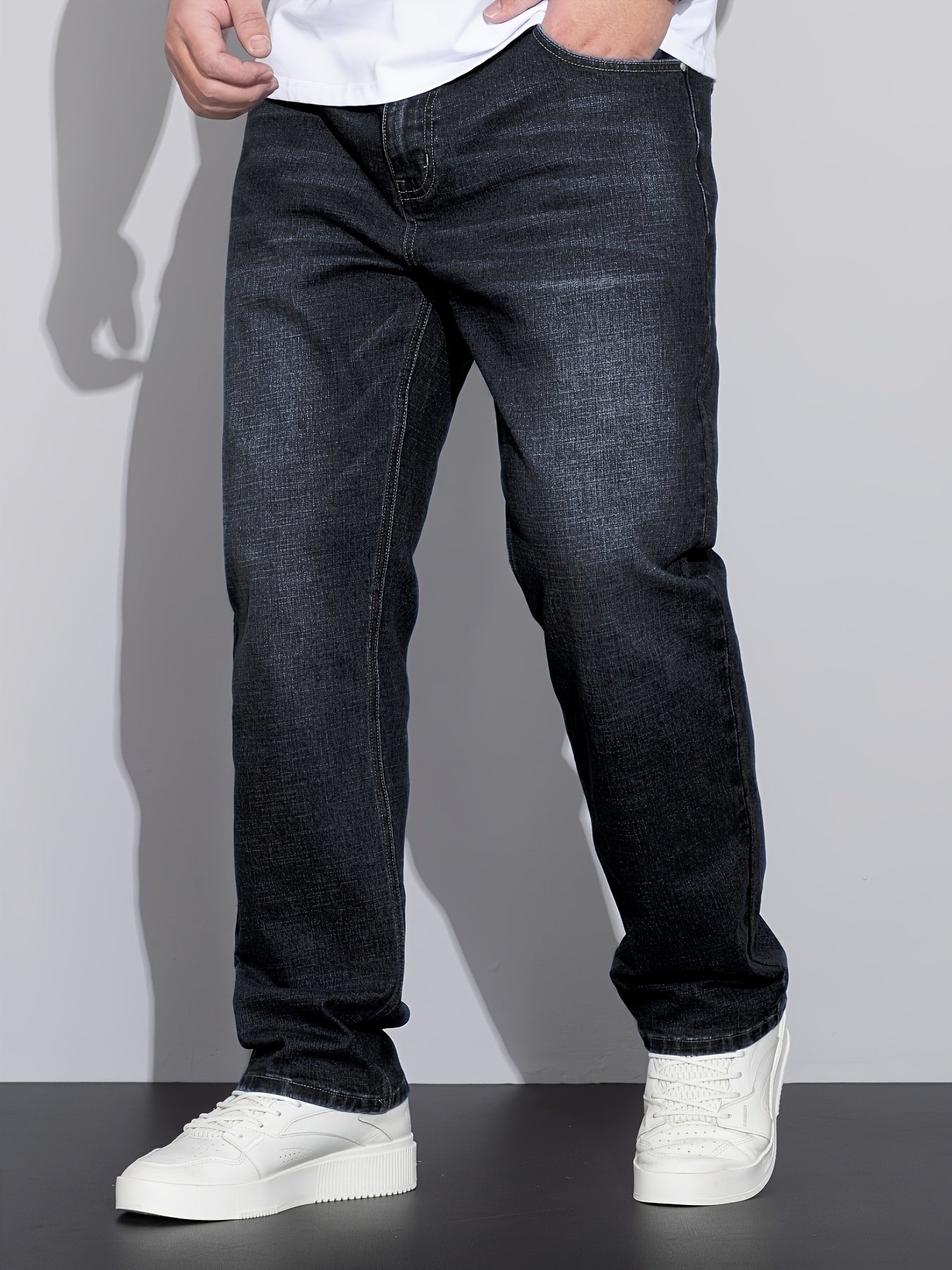 Men's Plus Size Loose Fit Stretchy Cotton Denim Pants, Lightweight Business Casual Jeans For All Seasons